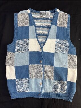 Vintage Russ Sport Blue Patchwork Knit Cardigan Sweater Vest Metal Buttons Small